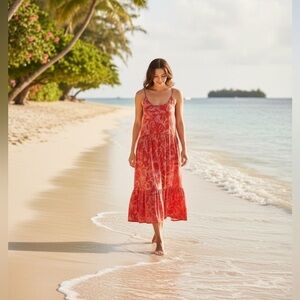 LOFT Red and Light Pink/Lavender Floral Print Maxi Dress